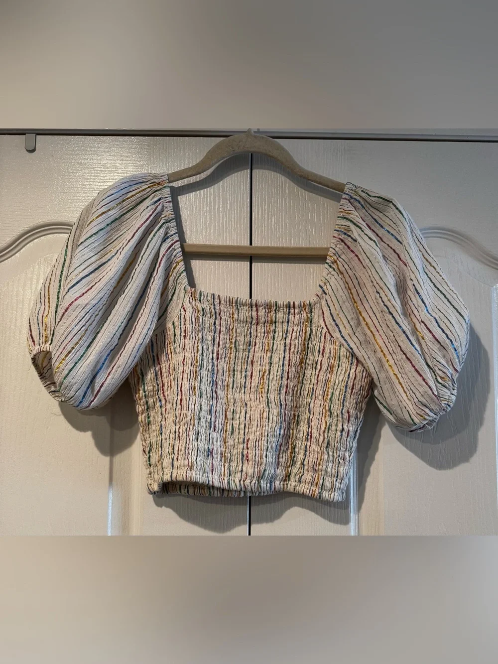 & Other Stories White Multicolor-Striped Smocked Puff Sleeve Blouse - Size 6